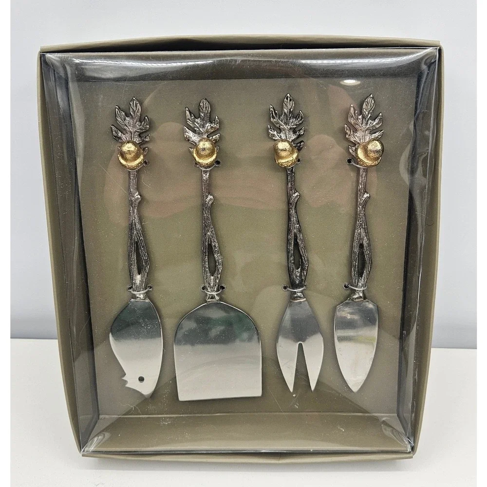 4pc Acorn Oak Leaf Cheese Knife Set Silver Gold Twig Handle Nature Theme NEW